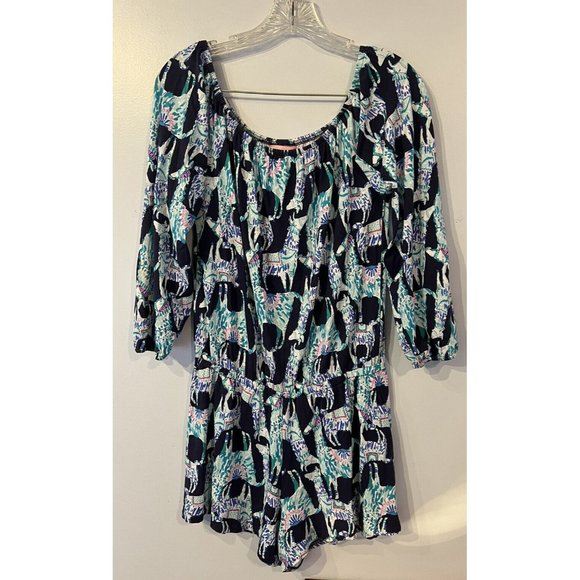 LILY PULITZER Lama Printed Shorts Romper Sz Small Clean Cute 3/4 Sleeve - Picture 1 of 11